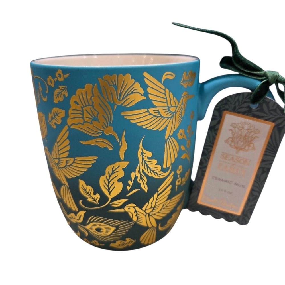 💙▪️Dwell Studio ▪️Teal Ceramic  17.5 Oz Mug with Gold Hummingbird Design